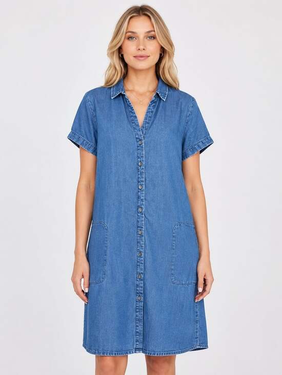 J. Jill Dresses & Skirts - J. Jill Denim Tencel Lyocell Shirt Dress Blue Button Front Pockets Womens XS